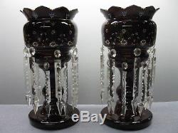 Pair Of Mantle Lustres, Victorian, Bohemian Enameled Glass With Crystal Prisms