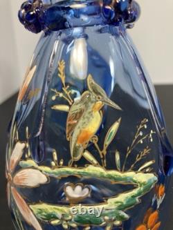 Pair Of Moser Victorian Light Blue Hand Enameled Vases, Kingfisher And Flowers Pair Of Moser Victorian Light Blue Hand Enameled Vases, Kingfisher And Flowers