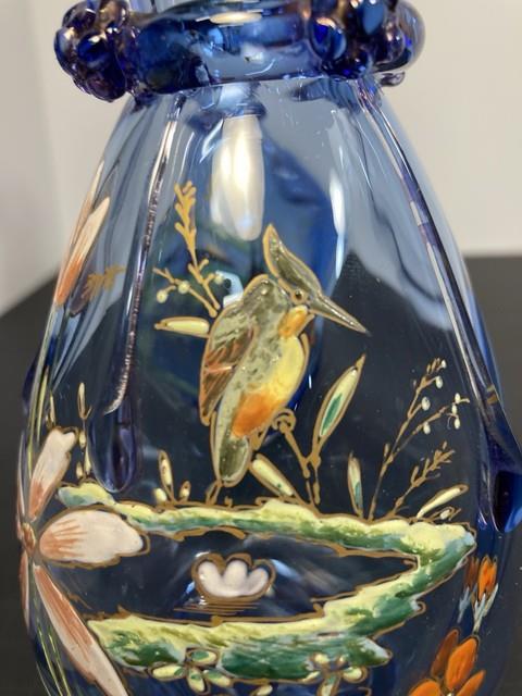 Pair Of Moser Victorian Light Blue Hand Enameled Vases, Kingfisher And Flowers