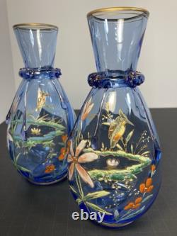 Pair Of Moser Victorian Light Blue Hand Enameled Vases, Kingfisher And Flowers Pair Of Moser Victorian Light Blue Hand Enameled Vases, Kingfisher And Flowers