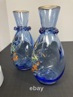Pair Of Moser Victorian Light Blue Hand Enameled Vases, Kingfisher And Flowers Pair Of Moser Victorian Light Blue Hand Enameled Vases, Kingfisher And Flowers