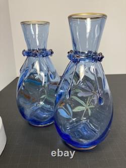 Pair Of Moser Victorian Light Blue Hand Enameled Vases, Kingfisher And Flowers Pair Of Moser Victorian Light Blue Hand Enameled Vases, Kingfisher And Flowers