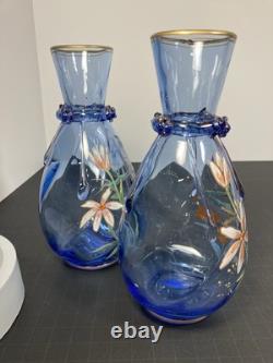 Pair Of Moser Victorian Light Blue Hand Enameled Vases, Kingfisher And Flowers Pair Of Moser Victorian Light Blue Hand Enameled Vases, Kingfisher And Flowers