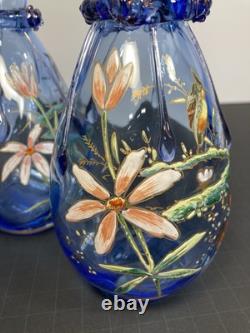 Pair Of Moser Victorian Light Blue Hand Enameled Vases, Kingfisher And Flowers Pair Of Moser Victorian Light Blue Hand Enameled Vases, Kingfisher And Flowers