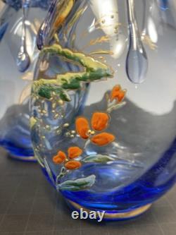 Pair Of Moser Victorian Light Blue Hand Enameled Vases, Kingfisher And Flowers Pair Of Moser Victorian Light Blue Hand Enameled Vases, Kingfisher And Flowers