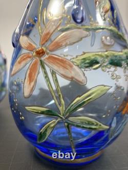 Pair Of Moser Victorian Light Blue Hand Enameled Vases, Kingfisher And Flowers Pair Of Moser Victorian Light Blue Hand Enameled Vases, Kingfisher And Flowers