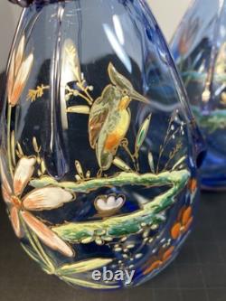 Pair Of Moser Victorian Light Blue Hand Enameled Vases, Kingfisher And Flowers Pair Of Moser Victorian Light Blue Hand Enameled Vases, Kingfisher And Flowers