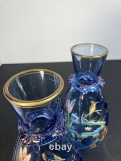 Pair Of Moser Victorian Light Blue Hand Enameled Vases, Kingfisher And Flowers Pair Of Moser Victorian Light Blue Hand Enameled Vases, Kingfisher And Flowers