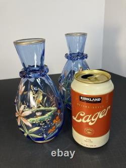 Pair Of Moser Victorian Light Blue Hand Enameled Vases, Kingfisher And Flowers Pair Of Moser Victorian Light Blue Hand Enameled Vases, Kingfisher And Flowers