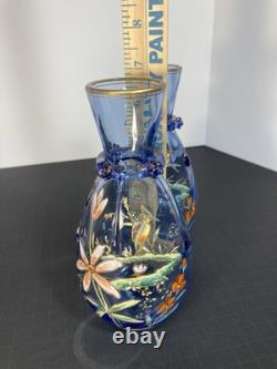 Pair Of Moser Victorian Light Blue Hand Enameled Vases, Kingfisher And Flowers Pair Of Moser Victorian Light Blue Hand Enameled Vases, Kingfisher And Flowers