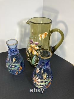 Pair Of Moser Victorian Light Blue Hand Enameled Vases, Kingfisher And Flowers Pair Of Moser Victorian Light Blue Hand Enameled Vases, Kingfisher And Flowers