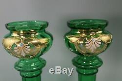 Pair Of Victorian GREEN/GOLD LUSTRE GLASS TALL VASES