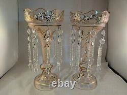 Pair -Pink Glass Lusters Gold and White Painted Floral Design Frost Flute 12.5