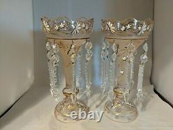 Pair -Pink Glass Lusters Gold and White Painted Floral Design Frost Flute 12.5