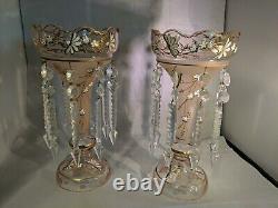 Pair -Pink Glass Lusters Gold and White Painted Floral Design Frost Flute 12.5
