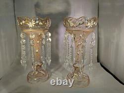 Pair -Pink Glass Lusters Gold and White Painted Floral Design Frost Flute 12.5