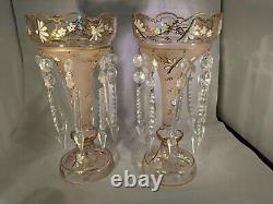 Pair -Pink Glass Lusters Gold and White Painted Floral Design Frost Flute 12.5