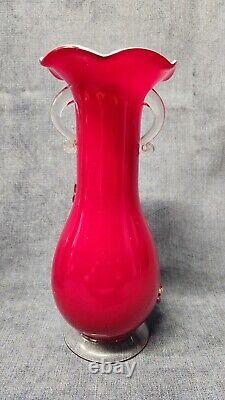 Pair Red Vases by Stevens & Williams Victorian Shatterglass Case Glass 1880 w-c