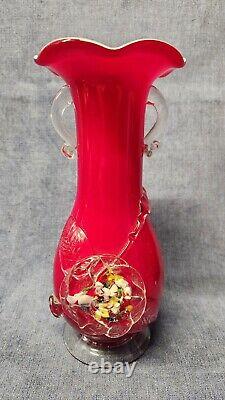 Pair Red Vases by Stevens & Williams Victorian Shatterglass Case Glass 1880 w-c