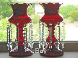 Pair Ruby Red Mantel Lusters Gold Gilt Snake Base Long Prism All Original X NICE