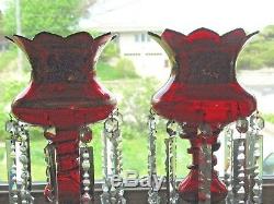 Pair Ruby Red Mantel Lusters Gold Gilt Snake Base Long Prism All Original X NICE