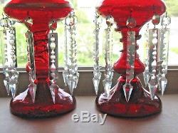 Pair Ruby Red Mantel Lusters Gold Gilt Snake Base Long Prism All Original X NICE