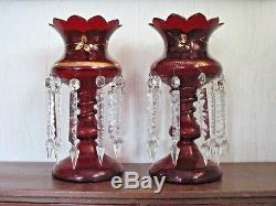Pair Ruby Red Mantel Lusters Gold Gilt Snake Base Long Prism All Original X NICE