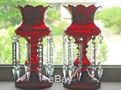 Pair Ruby Red Mantel Lusters Gold Gilt Snake Base Long Prism All Original X NICE