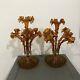 Pair / Set Of Antique Victorian Era Art Glass Amber Epergne Vase 4 Horns, Cb15