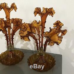 Pair / Set Of Antique Victorian Era Art Glass Amber Epergne Vase 4 Horns, CB15