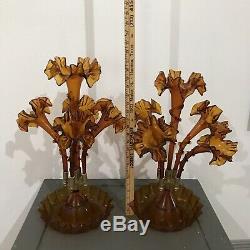 Pair / Set Of Antique Victorian Era Art Glass Amber Epergne Vase 4 Horns, CB15