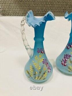 Pair Victorian Art Glass Bohemian Satin blue Ewer Pitchers violet flowers