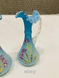 Pair Victorian Art Glass Bohemian Satin blue Ewer Pitchers violet flowers