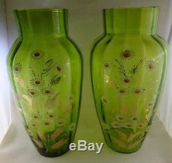 Pair Victorian Era 10 Floral Gilded Enamel Green Bohemian Optic Art Glass Vases