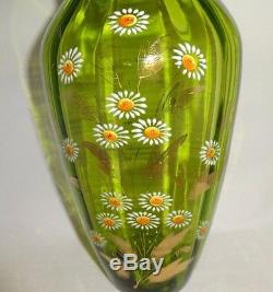 Pair Victorian Era 10 Floral Gilded Enamel Green Bohemian Optic Art Glass Vases