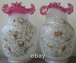Pair Victorian Hand Blown Enameled Frosted Satin Glass Mantel Vases Ruffled Rims