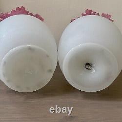 Pair Victorian Hand Blown Enameled Frosted Satin Glass Mantel Vases Ruffled Rims