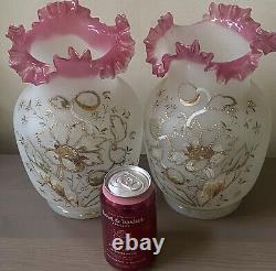 Pair Victorian Hand Blown Enameled Glass Mantel Vases Crimped & Ruffled Rims 10