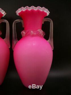 Pair Victorian Pink Satin Glass Vases with Applied Handles Ruffled Rim