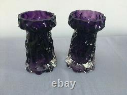 Pair Victorian Purple and Clear Glass Organic Art Nouveau Hyacinth Bulb Vases