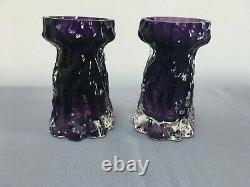 Pair Victorian Purple and Clear Glass Organic Art Nouveau Hyacinth Bulb Vases