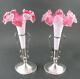 Pair Victorian Trumpet Vases Pink & White Glass Homan Quad Silver Holders
