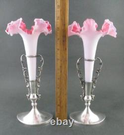 Pair Victorian TRUMPET VASES Pink & White glass HOMAN Quad Silver Holders