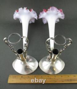 Pair Victorian TRUMPET VASES Pink & White glass HOMAN Quad Silver Holders