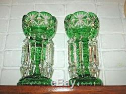 Pair Vintage Bohemian Mantle Lusters Cut Glass Spear Prisms Estate Fresh