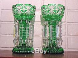 Pair Vintage Bohemian Mantle Lusters Cut Glass Spear Prisms Estate Fresh