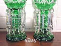 Pair Vintage Bohemian Mantle Lusters Cut Glass Spear Prisms Estate Fresh