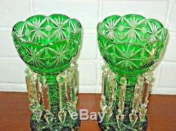 Pair Vintage Bohemian Mantle Lusters Cut Glass Spear Prisms Estate Fresh