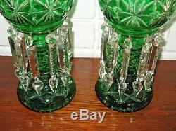 Pair Vintage Bohemian Mantle Lusters Cut Glass Spear Prisms Estate Fresh