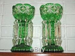 Pair Vintage Bohemian Mantle Lusters Cut Glass Spear Prisms Estate Fresh